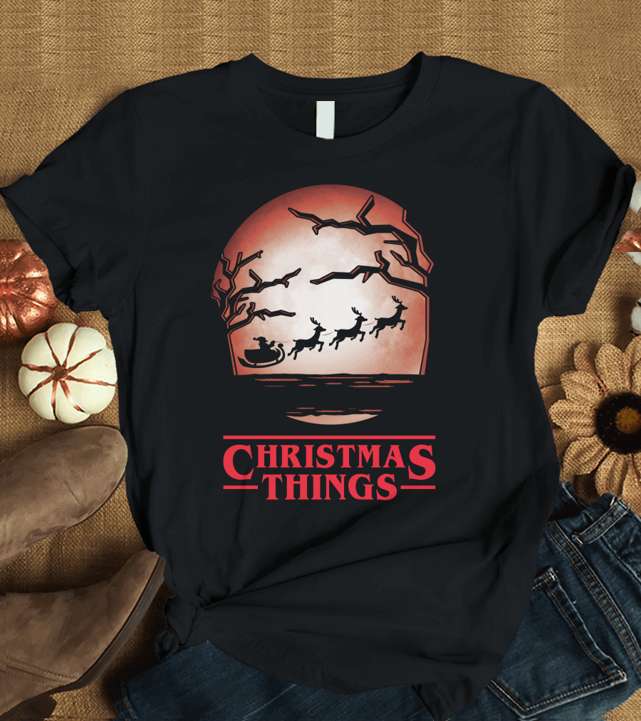 Christmas Things Santa Sleigh Silhouetted Against Red Moon with Trees T-Shirt