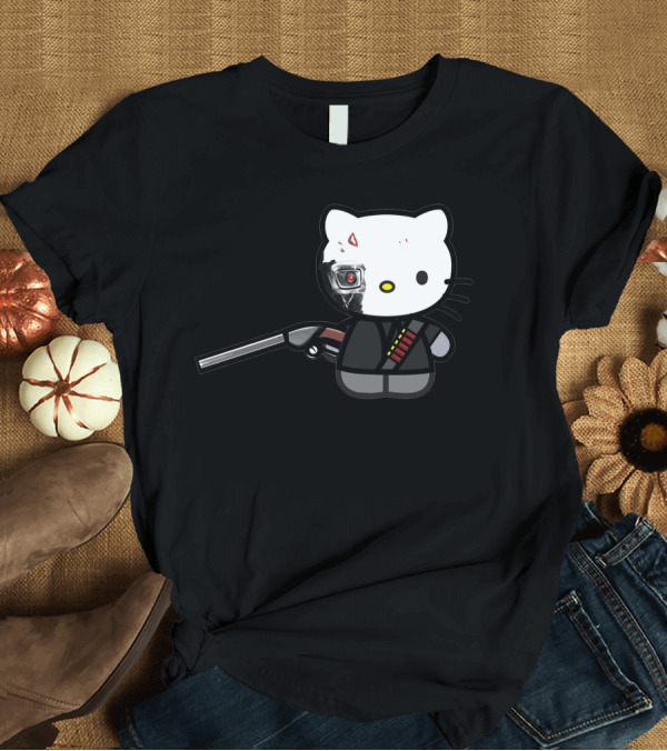 T-Shirt: Hell Kitty T800 Battle Damaged Edition Cyborg Cat Shotgun Holder T-Shirt Hell Kitty T800 Battle Damaged Edition Cyborg Cat Shotgun Holder T-Shirt