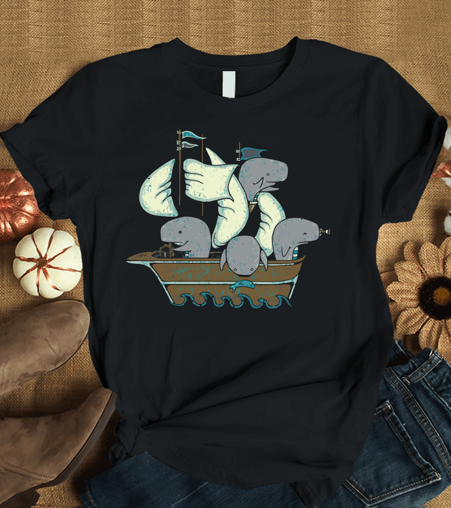Sperm Whales Make Great Seamen Nautical Adventure with Whales as Sailors on Ship T-Shirt