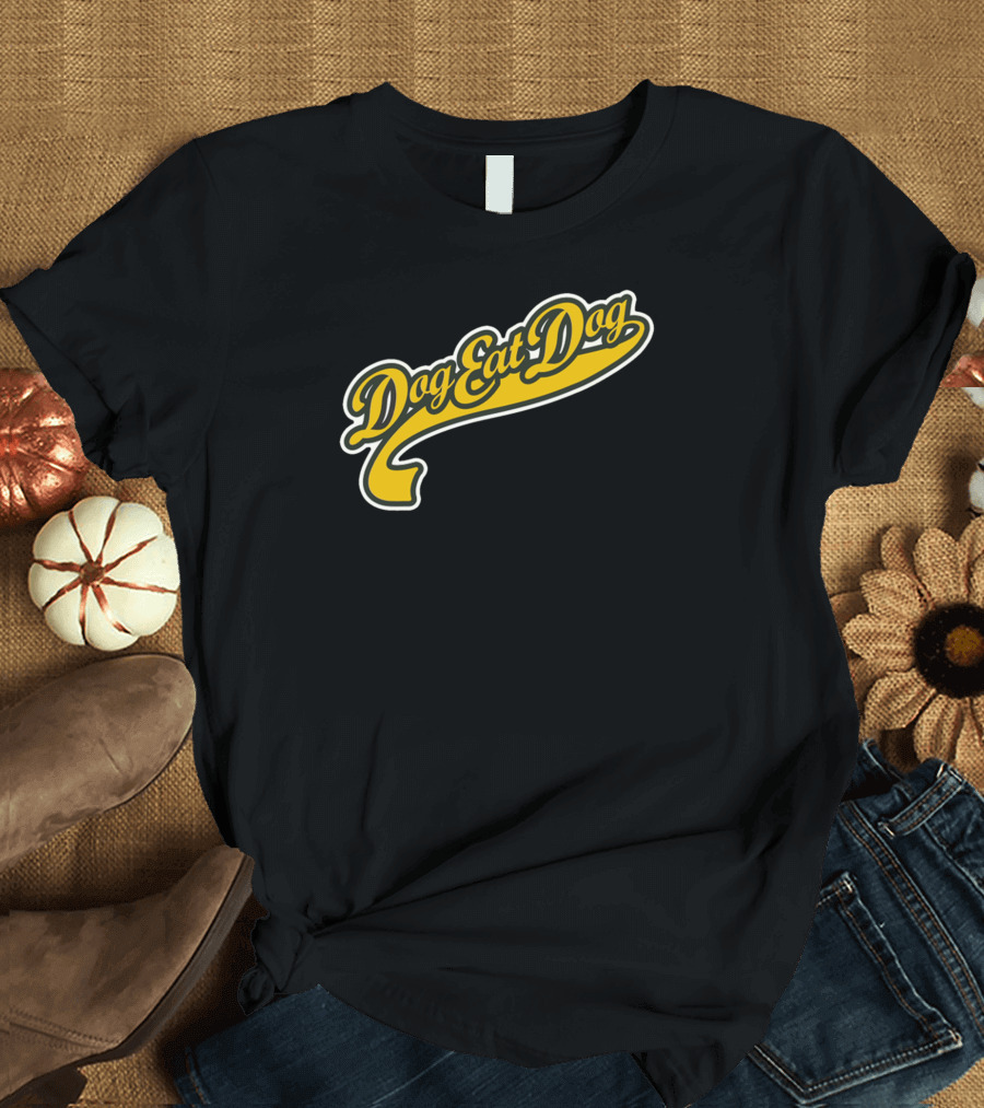 Dog Eat Dog Retro Script Text with Yellow Curve Decoration T-Shirt