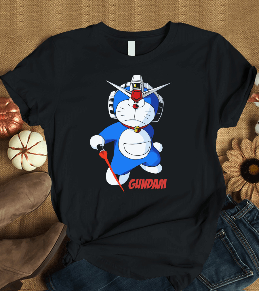 Doraemon Gundam Crossover with Robot Helmet and Laser Sword T-Shirt