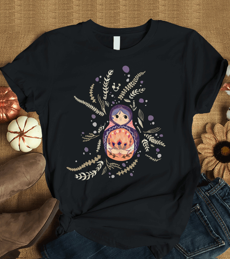 Little Miss Matryoshka Russian Nesting Doll Floral Ferns Bubbles T-Shirt