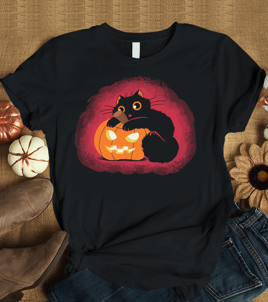 Meeooween Black Cat with Glowing Pumpkin Halloween T-Shirt