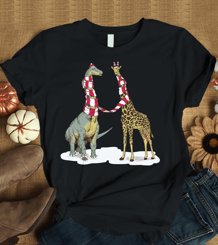 Neck The Halls Dinosaur and Giraffe in Christmas Scarves T-Shirt