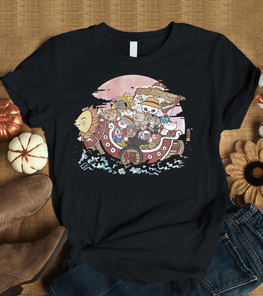 Neko Takarabune 福 Cats on Treasure Ship Moonlit Voyage T-Shirt