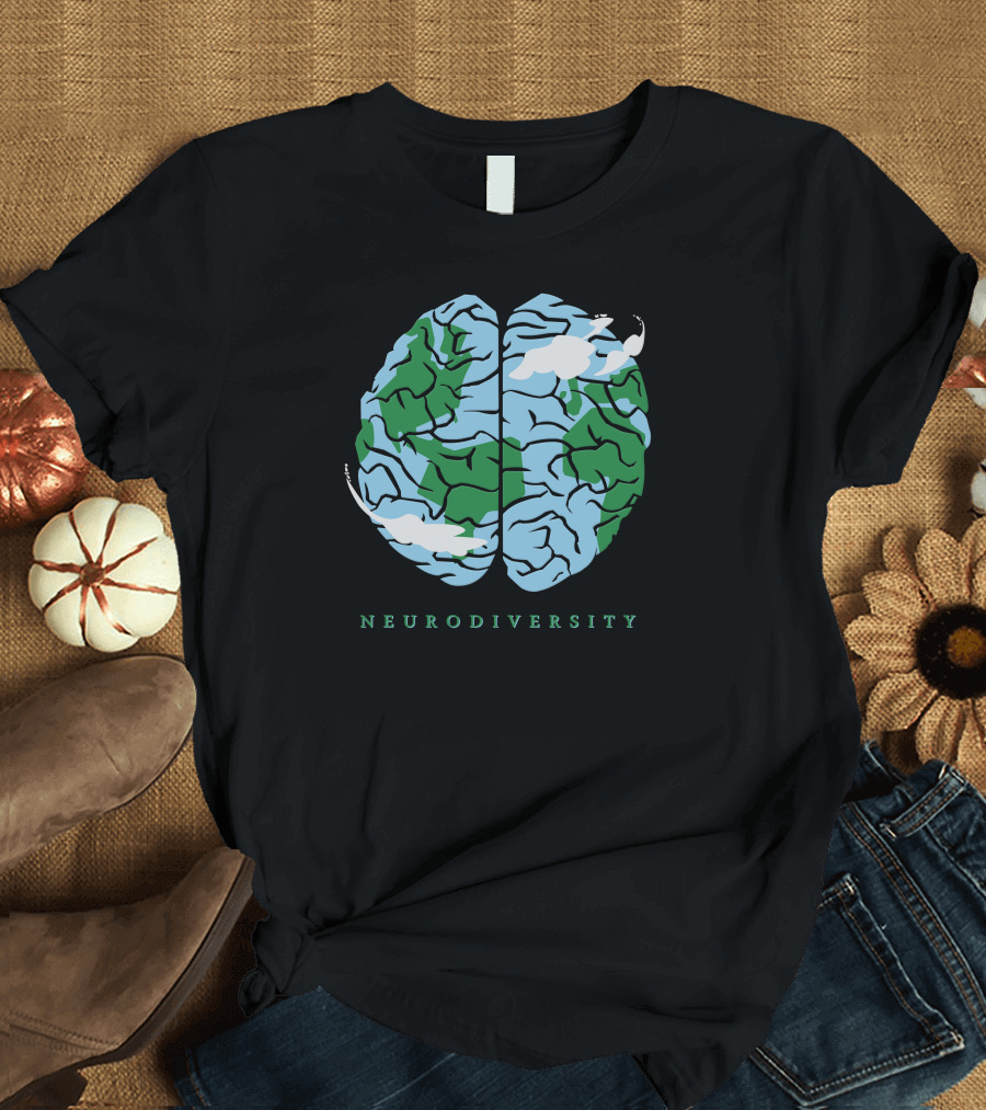 Neurodiversity Earth Brain Clouds Green Blue T-Shirt
