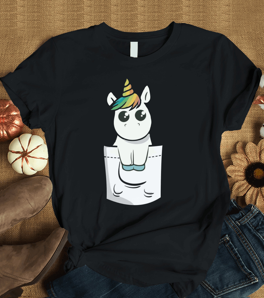 Unicorn With Rainbow Mane Sitting in Pocket T-Shirt