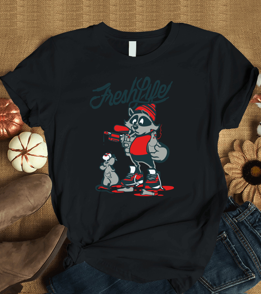 Fresh Life Raccoon with Paint Roller and Dog in Streetwear T-Shirt