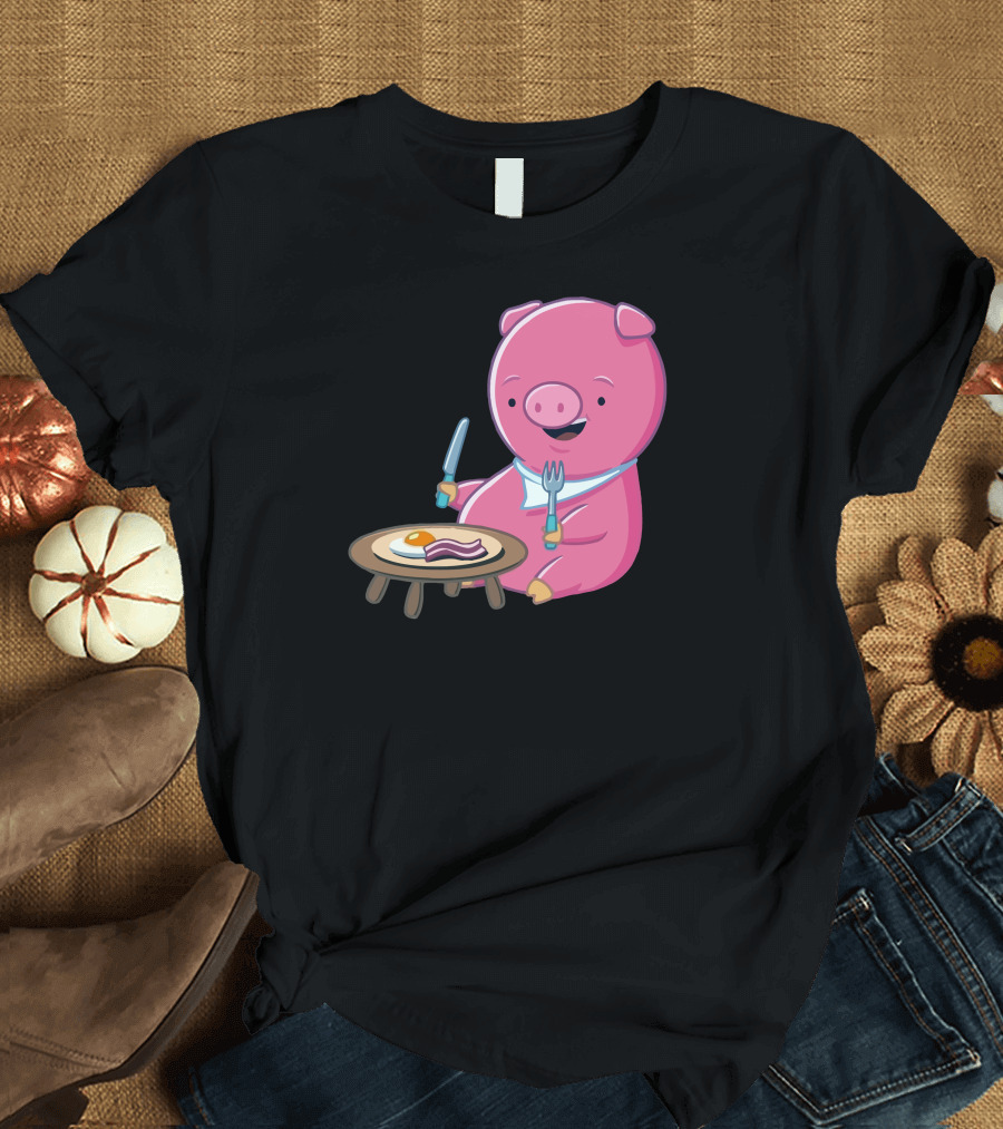 I Love Bacon Pig Enjoying Breakfast Plate T-Shirt