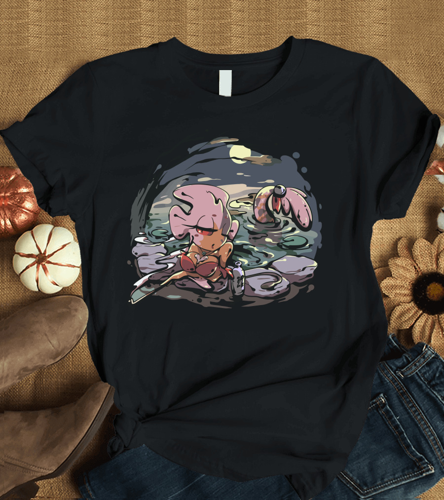 Iko Moonlit Pond Character with Bottle and Tentacled Creature T-Shirt