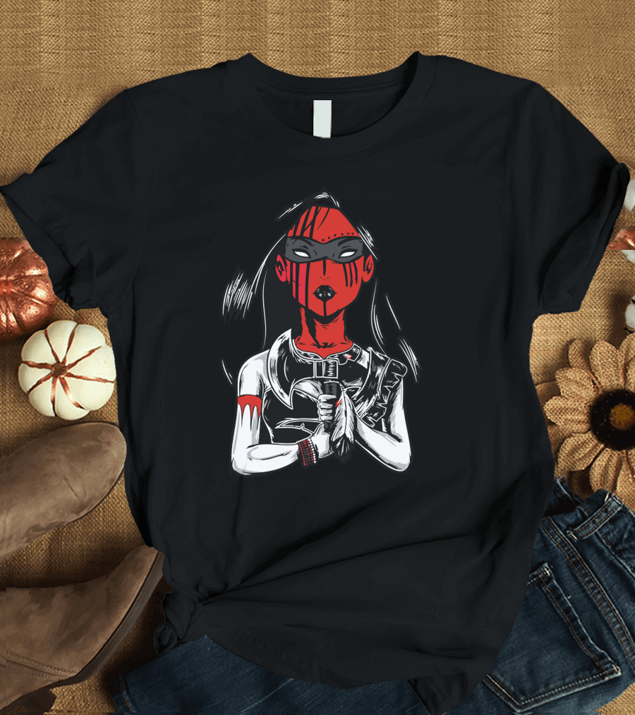 Indian Princess Warrior with Red Mask and Feather T-Shirt