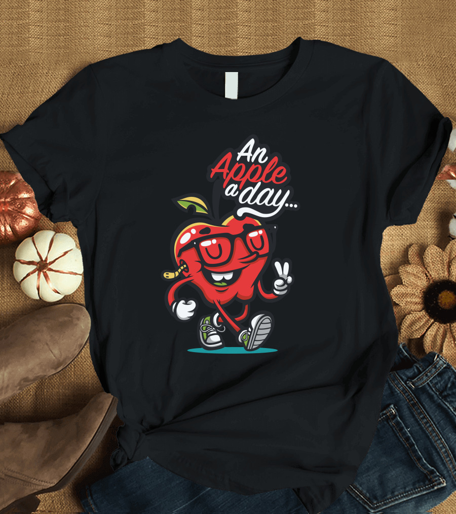 An Apple a Day Character with Glasses and Peace Sign T-Shirt