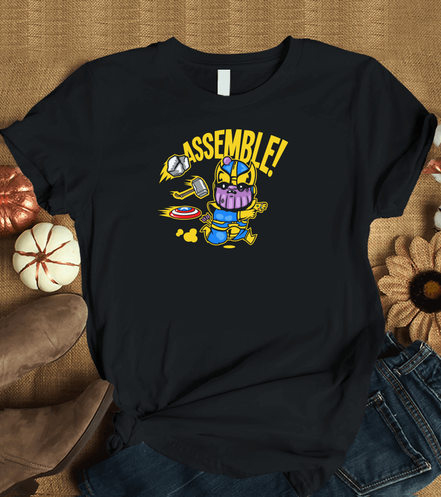 Assemble Yellow Outline Cartoon Thanos with Mjolnir Hammer and Shield T-Shirt