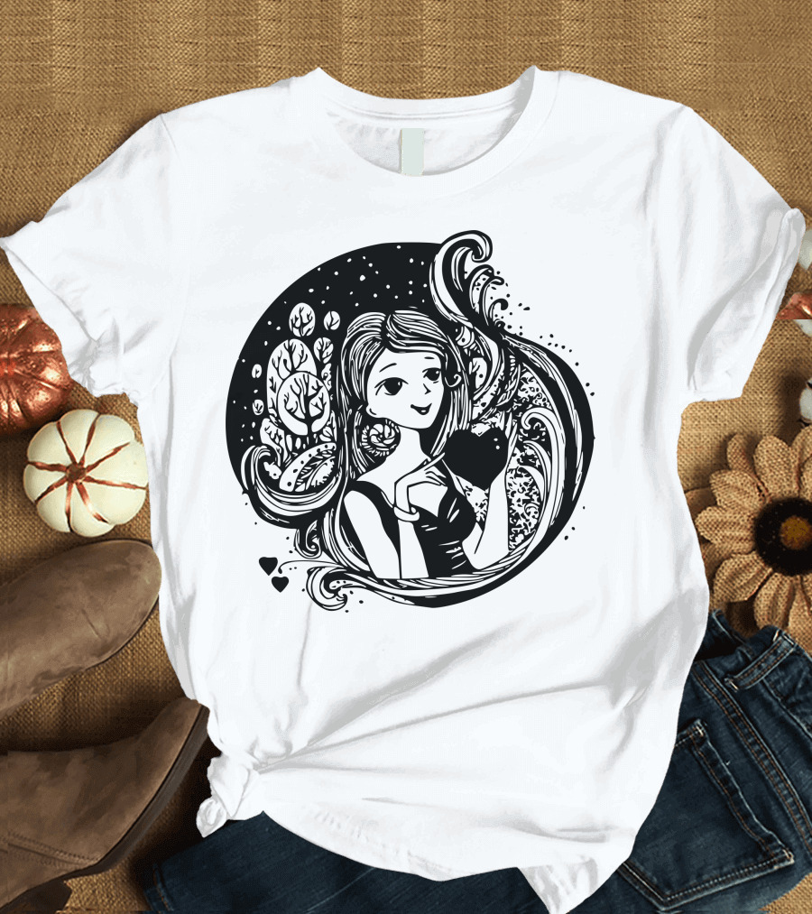 Beautiful Nighttime Lady with Heart and Nature Elements T-Shirt