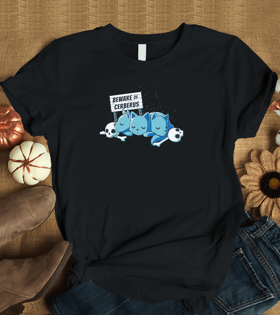 Beware Of Cerberus Cute Mythical Cat Trio with Skulls T-Shirt