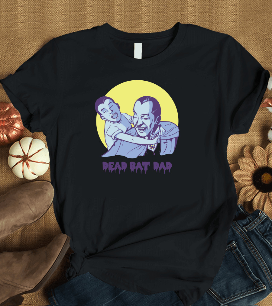 Dead Bat Dad Dracula and Son Hugging Halloween Moon T-Shirt