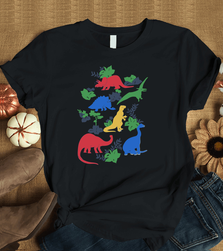 Colorful Dinosaurs Surrounded by Vibrant Green Foliage T-Shirt