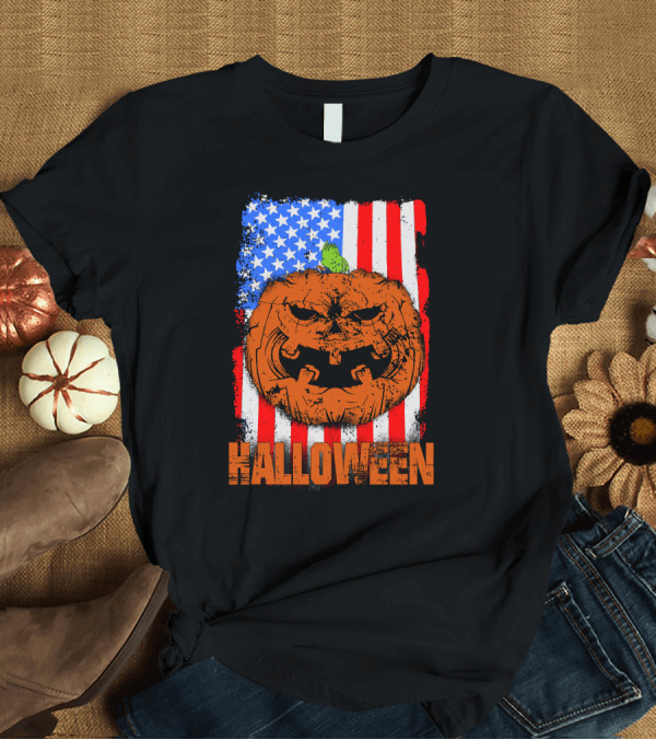 T-Shirt: Halloween Pumpkin American Flag Halloween T-Shirt Halloween Pumpkin American Flag Halloween T-Shirt