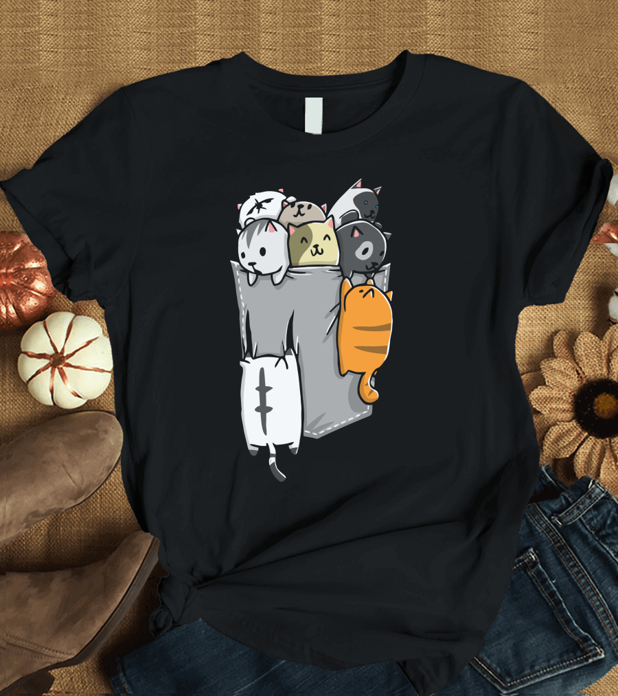 Kittens In A Grey Pocket With Playful Cartoon Cats T-Shirt