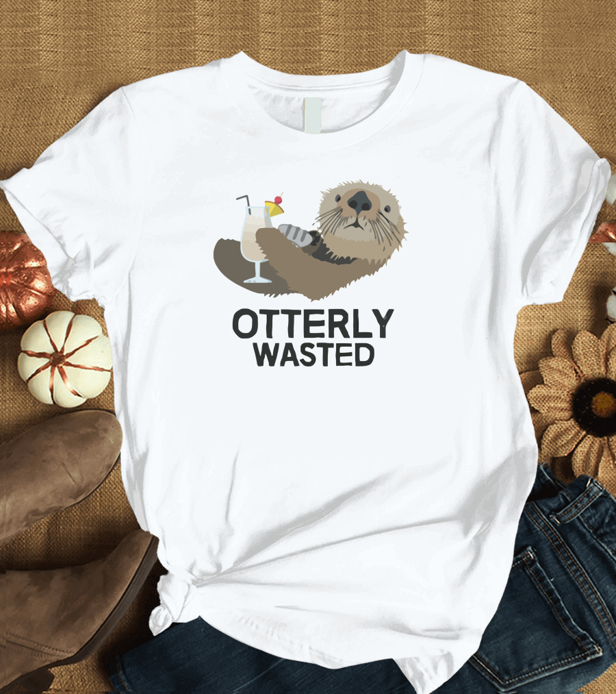 OTTERLY WASTED Drinking Otter with Cocktail T-Shirt