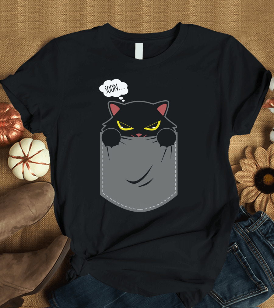 Soon Cat Peeking Out of Pocket T-Shirt