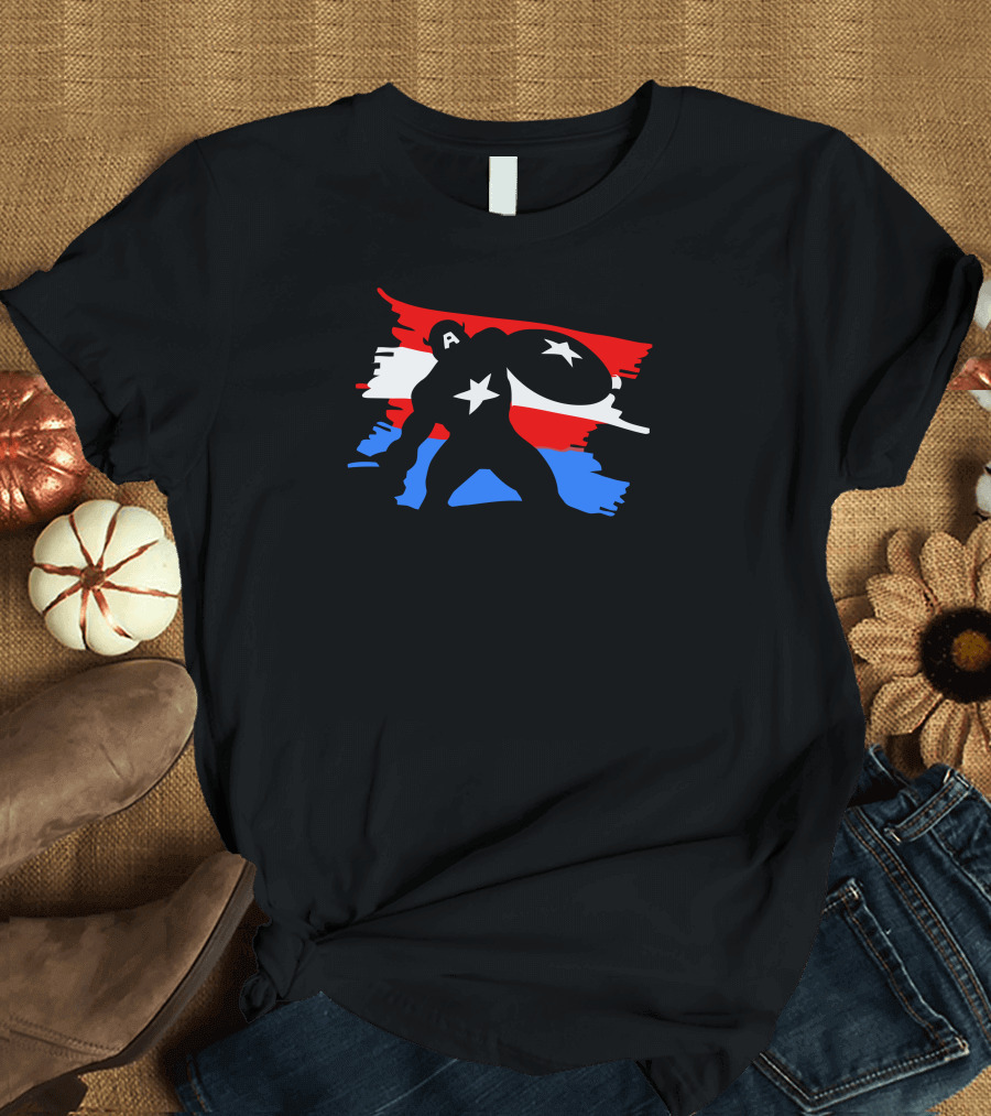 The Captain Silhouette with Shield and Star on Red White Blue Background T-Shirt