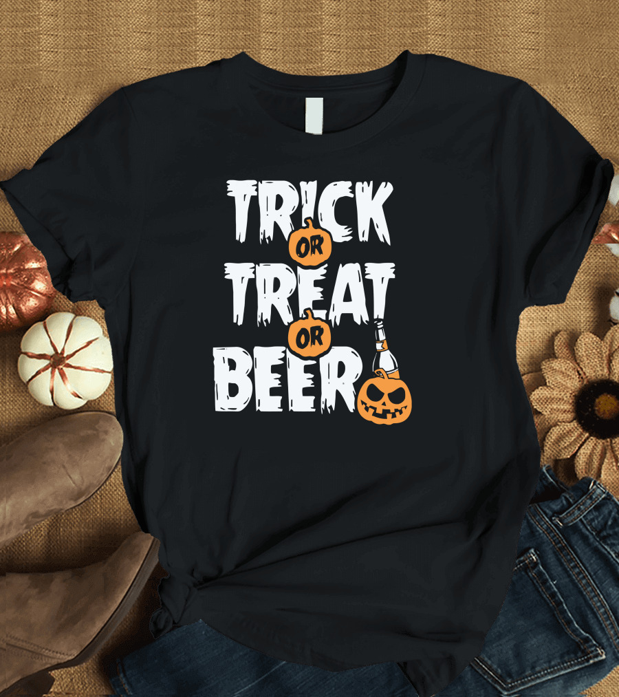 TRICK OR TREAT OR BEER Pumpkin Bottle Halloween T-Shirt