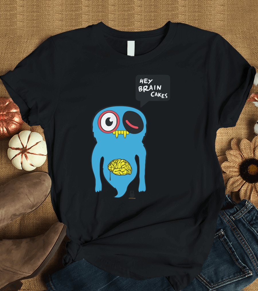 Uberpup Hey Brain Cakes Blue Creature with Exposed Yellow Brain T-Shirt