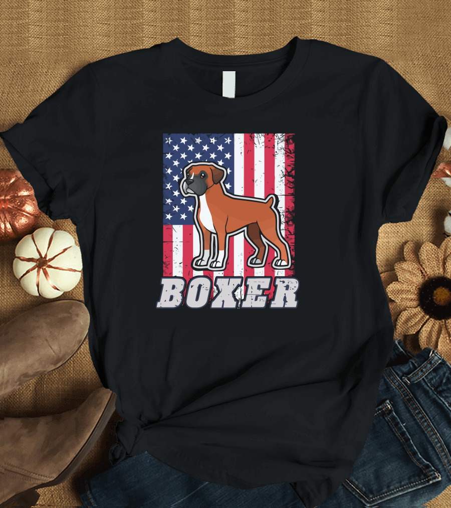 Boxer Dog American Flag T-Shirt