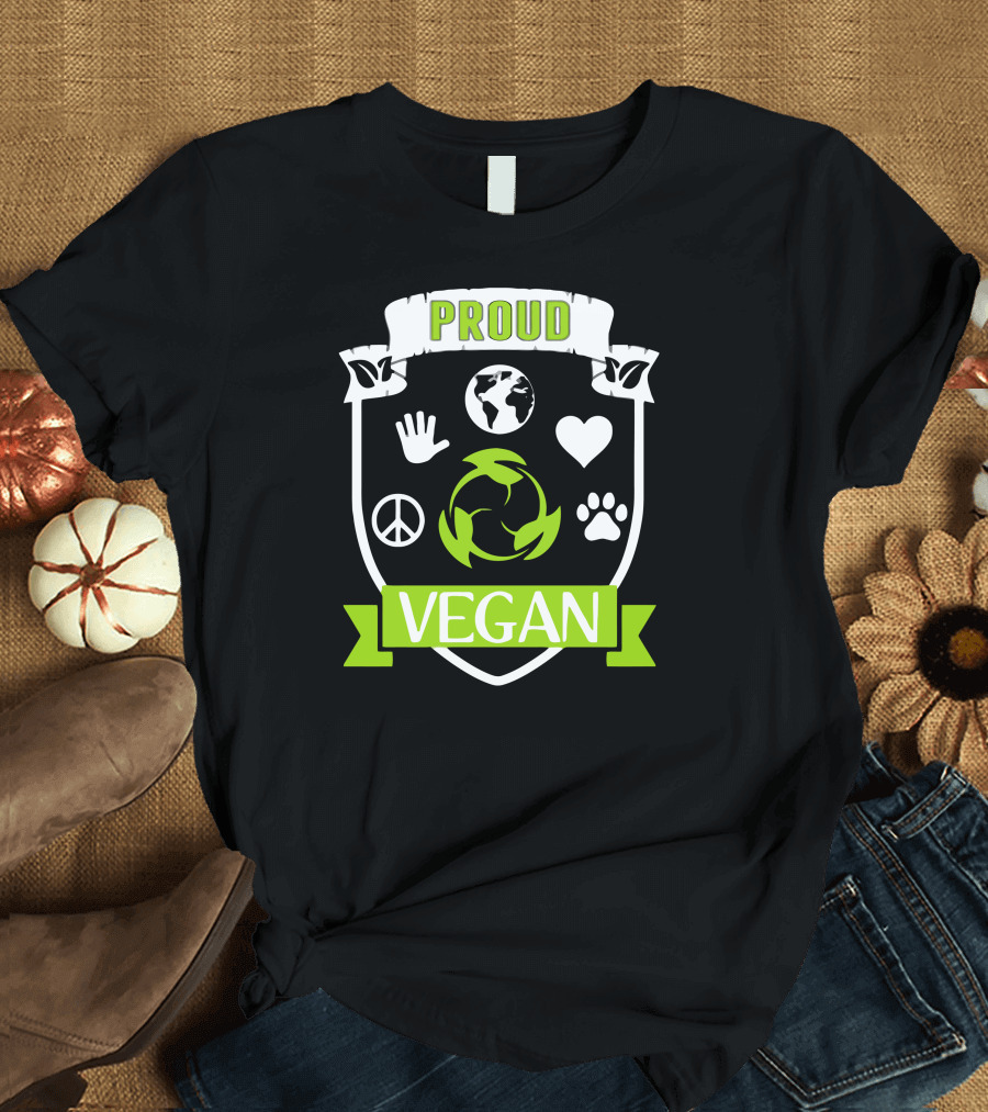 Proud Vegan Earth Peace Heart Paw Recycling Badge T-Shirt