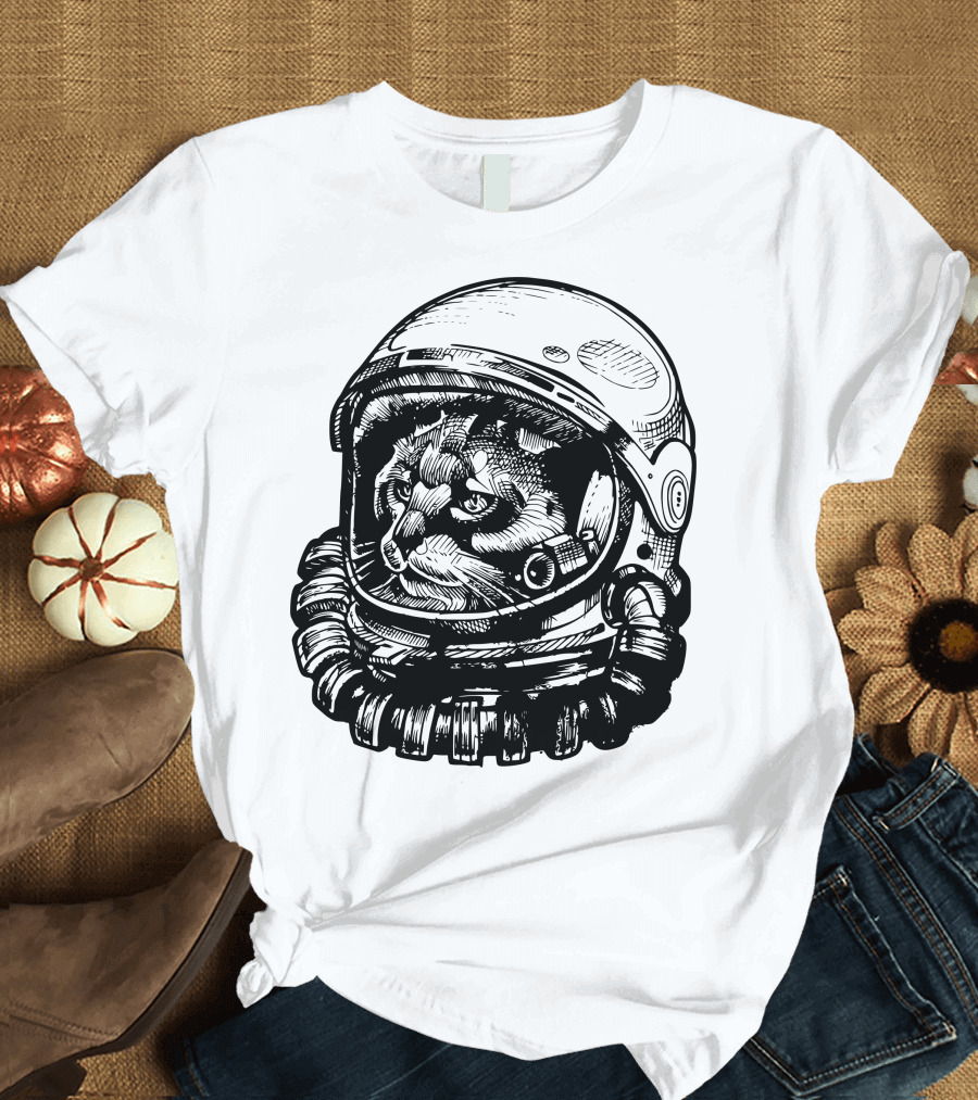 Apace Invader Astronaut Cat Helmet Retro Drawing T-Shirt