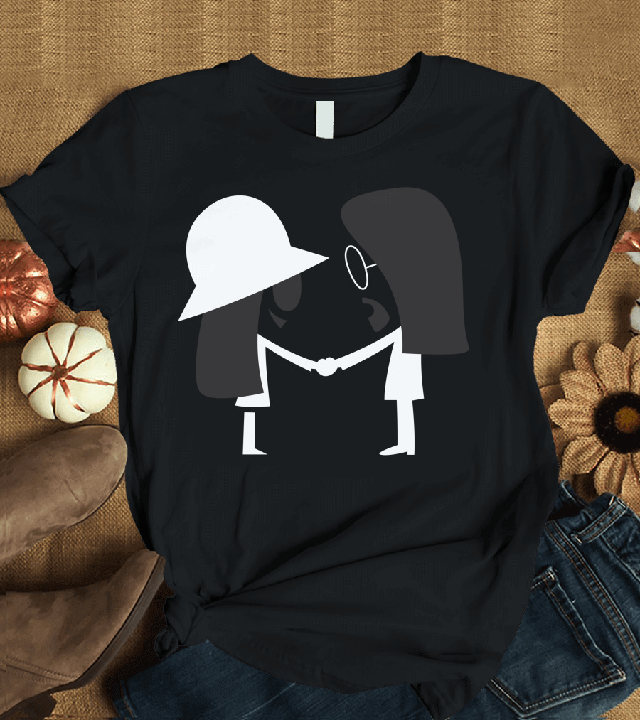 Cewecowo Black and White Minimalist Cartoon Characters Shaking Hands T-Shirt