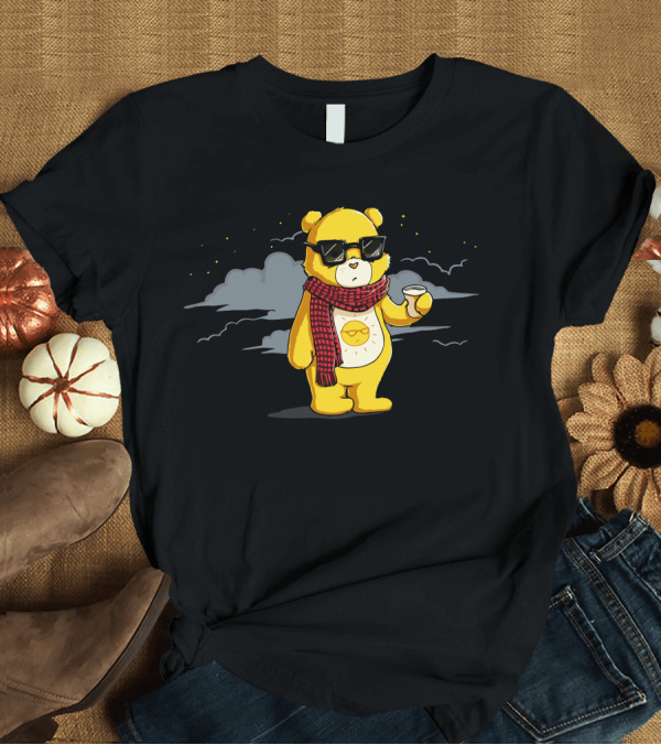 T-Shirt: CouldnT Care Less Bear Yellow Cloudy Night Sky Sunglasses Red Plaid Scarf Coffee Cup T-Shirt CouldnT Care Less Bear Yellow Cloudy Night Sky Sunglasses Red Plaid Scarf Coffee Cup T-Shirt