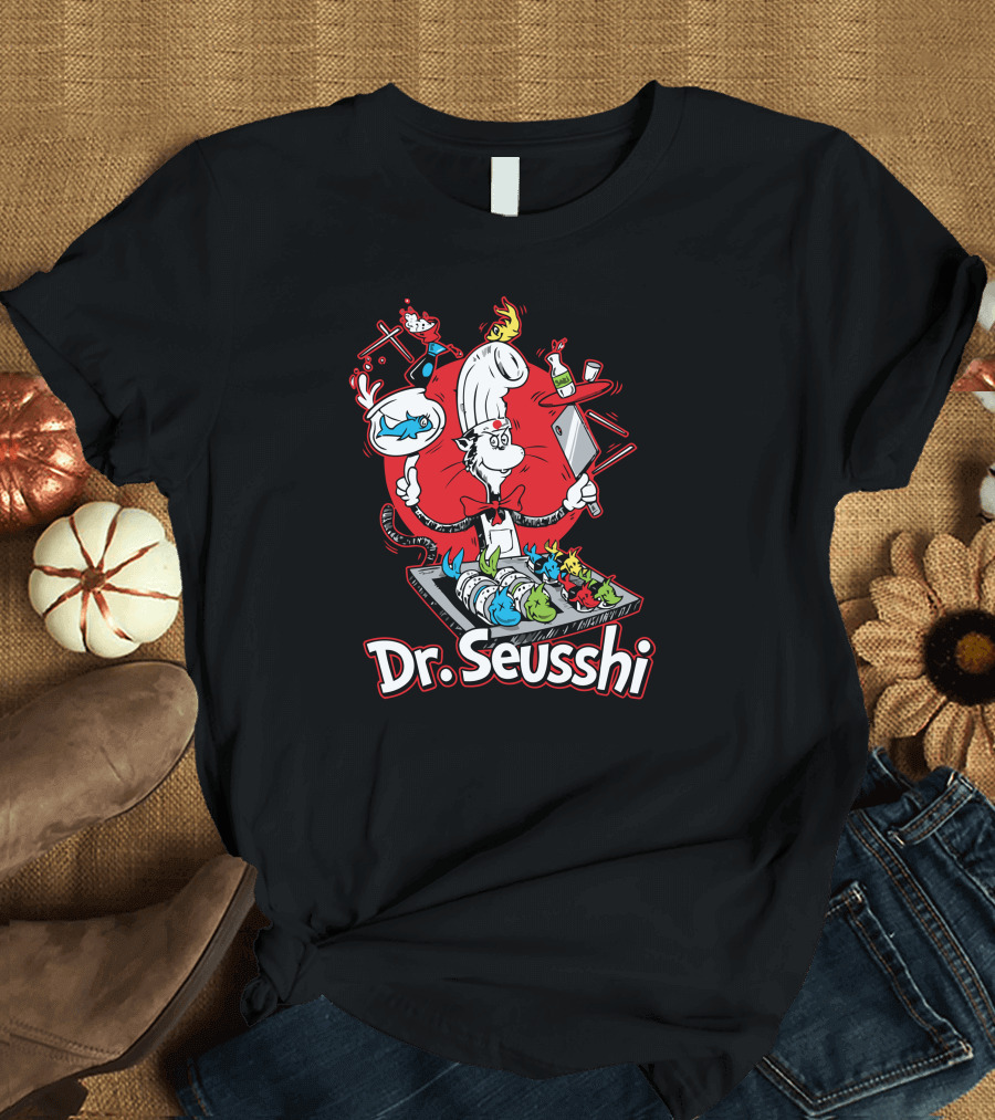 Dr Seusshi Cat in the Hat Sushi Chef Cooking Blue Red Fish T-Shirt