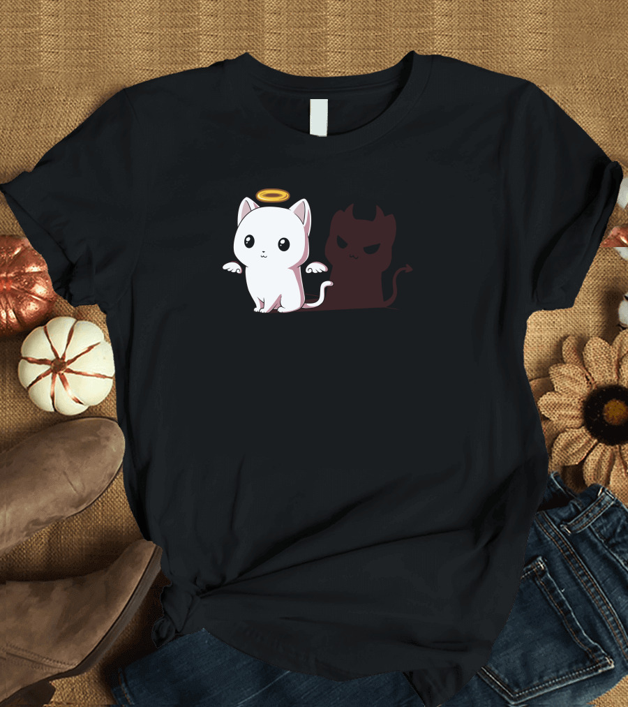 Purr Evil Angel Cat with Devil Shadow T-Shirt