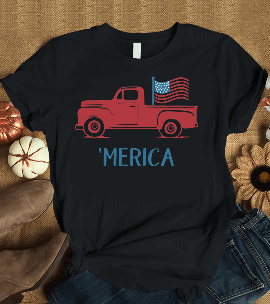 Vintage Red Truck with American Flag 'Merica T-Shirt