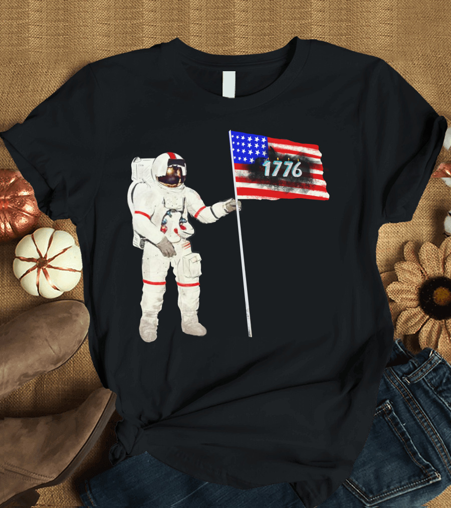 Astronaut Holding American Flag with 1776 T-Shirt