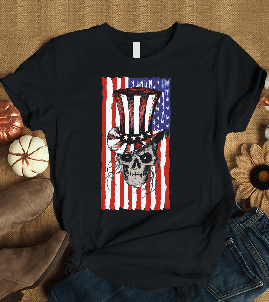 July 4th American Flag Skull with Patriotic Top Hat T-Shirt
