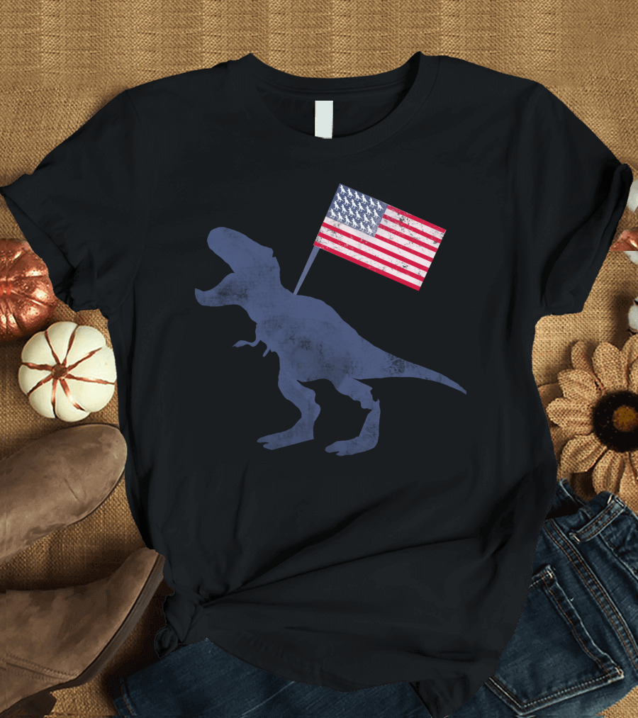 Patriotic Dinosaur Holding American Flag T-Shirt