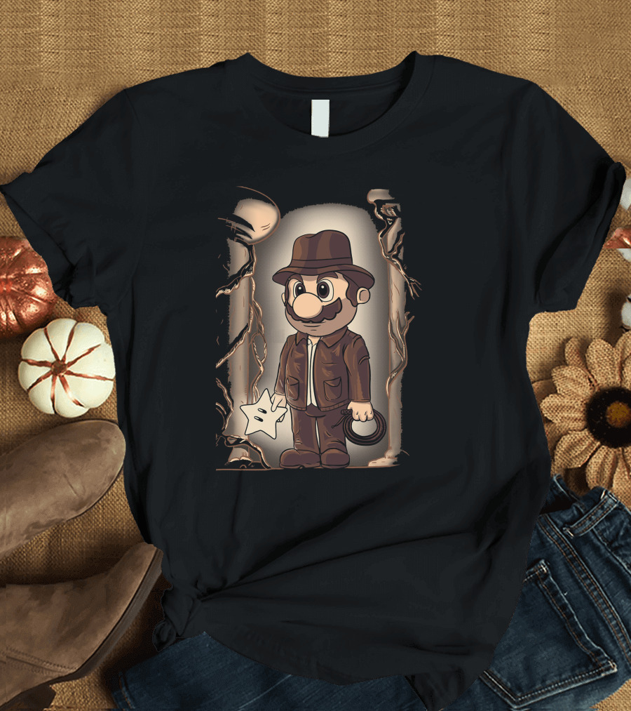 Plumbers Of The Lost Star Mario-Style Adventurer with Fedora and Whip T-Shirt