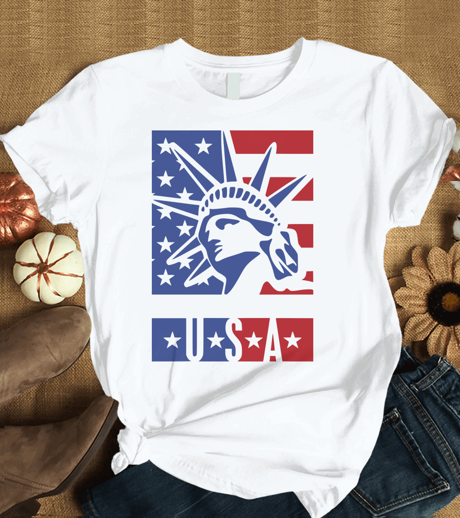 USA Statue of Liberty American Flag Stars T-Shirt