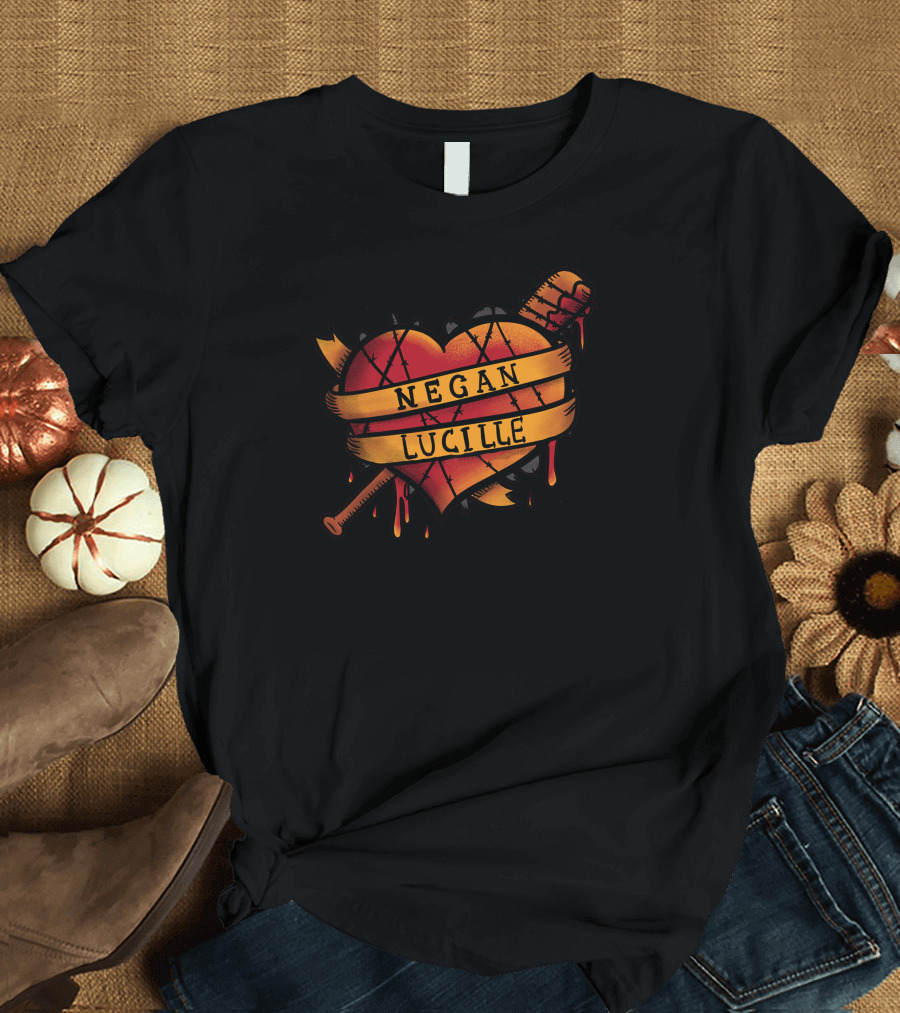 Negan Lucille Bloody Love Heart and Barbed Wire Baseball Bat T-Shirt