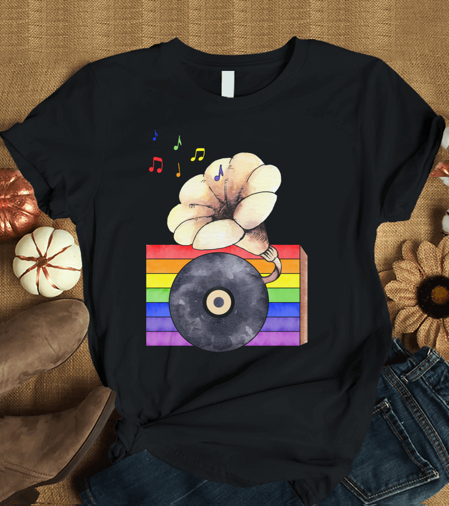 Rainbow Vinyl Music Ceremony with Gramophone and Notes T-Shirt