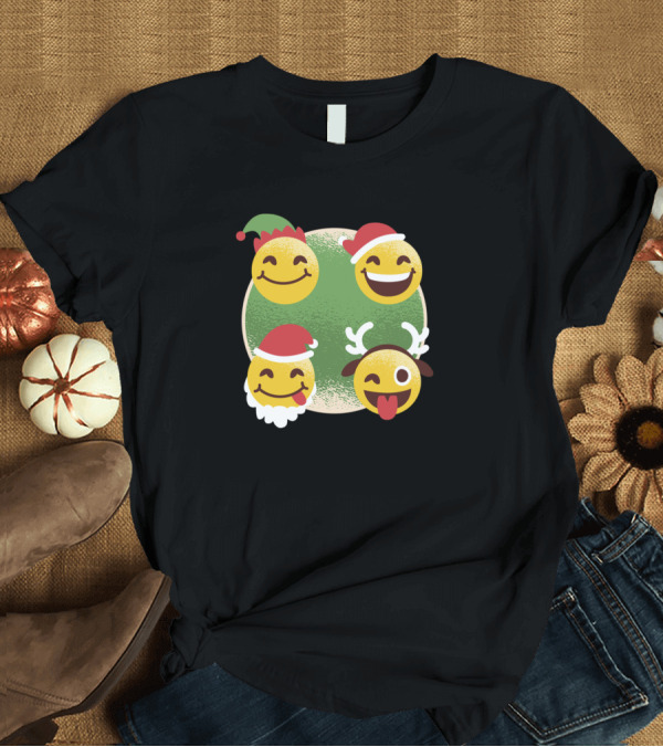 T-Shirt: Christmas Holiday Emoji Face Icons Santa Elf Reindeer T-Shirt Christmas Holiday Emoji Face Icons Santa Elf Reindeer T-Shirt