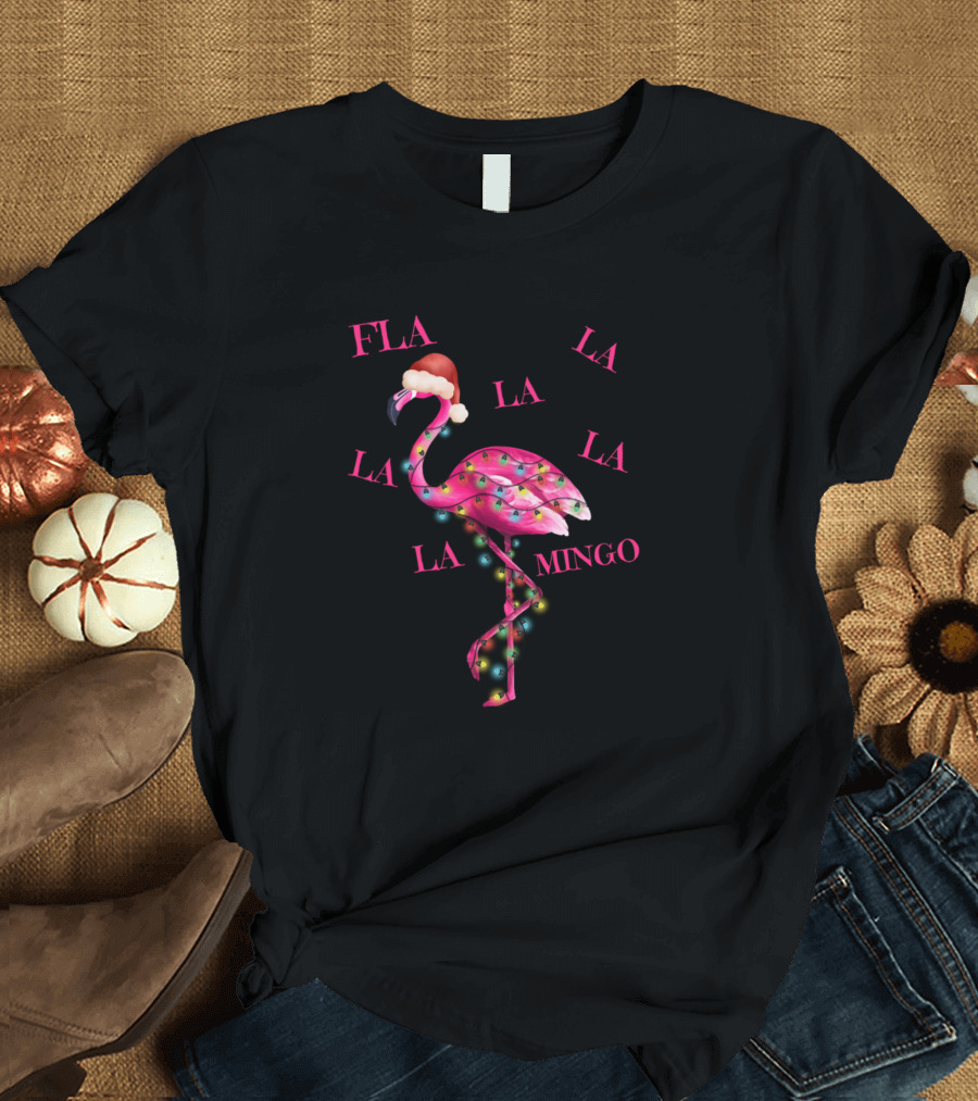 Fla La La La Mingo Christmas Flamingo Santa Hat Lights T-Shirt