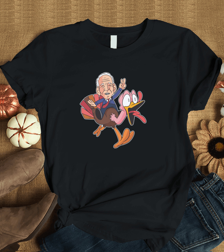 Joe Biden Riding Cartoon Turkey Peace Gesture Thanksgiving T-Shirt