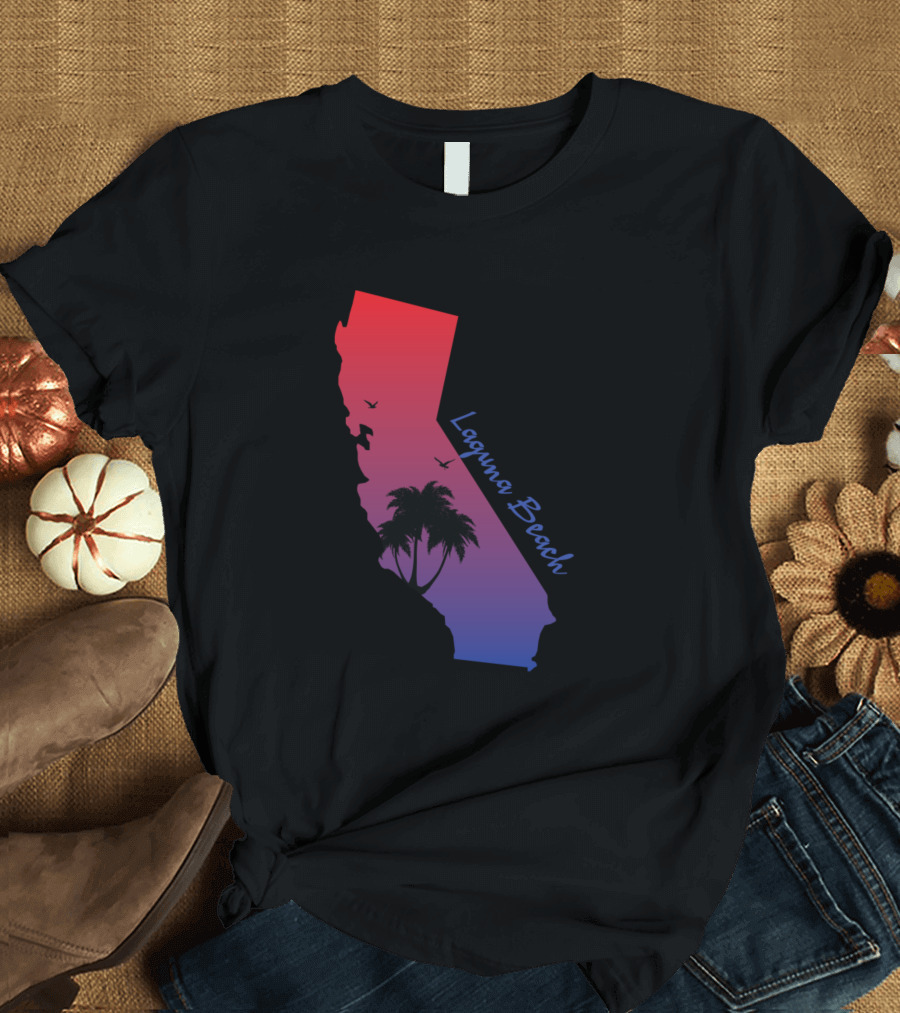 Laguna Beach California Gradient Map with Palm Trees and Birds T-Shirt