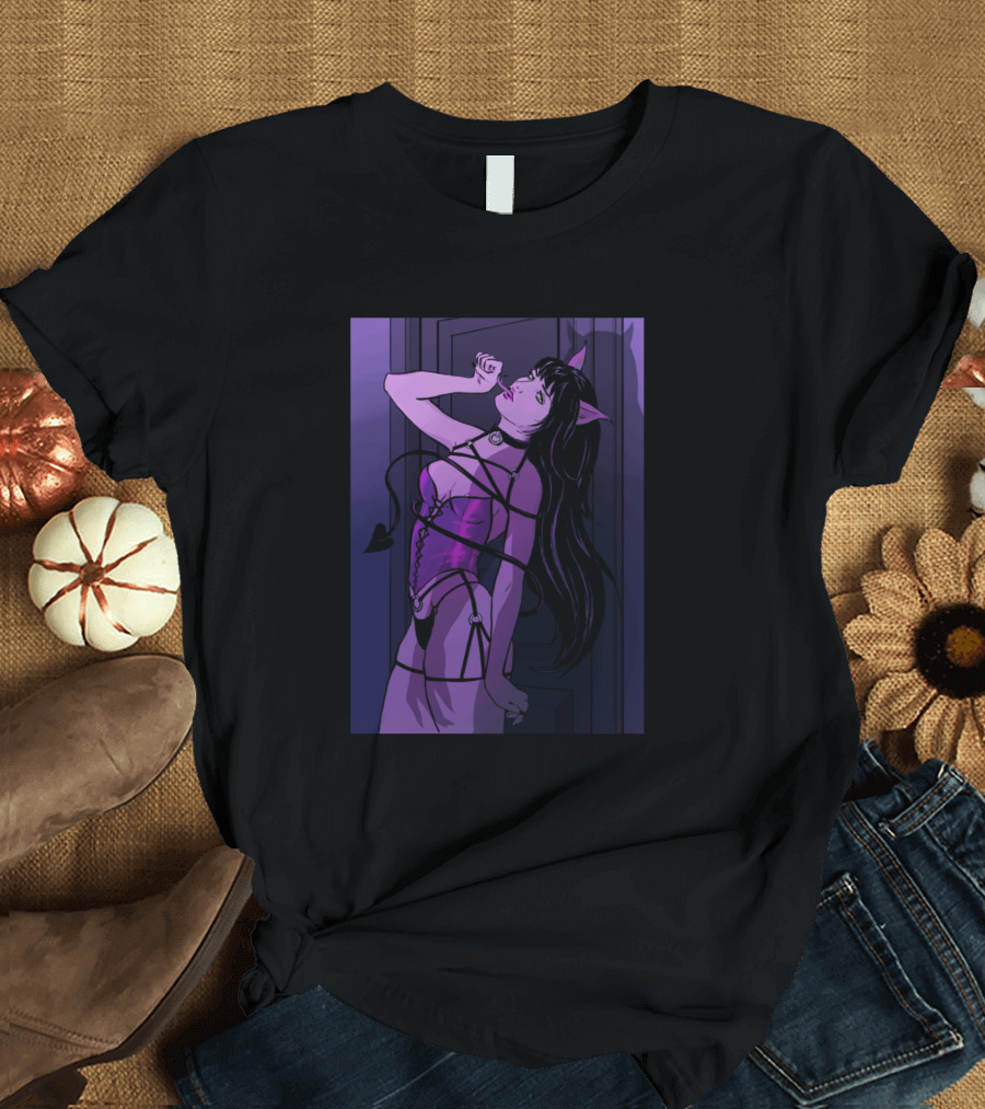 Meeeeoooow Catgirl with Devil Tail Ears and Corset in Dark Anime T-Shirt