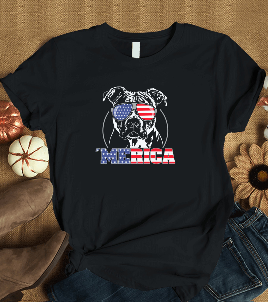 Proud Patriotic 'Merica Pitbull American Flag Sunglasses T-Shirt