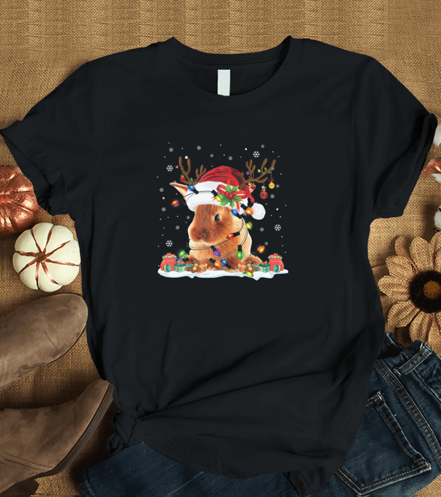 Rabbit with Santa Hat Reindeer Antlers Christmas Lights and Gifts T-Shirt